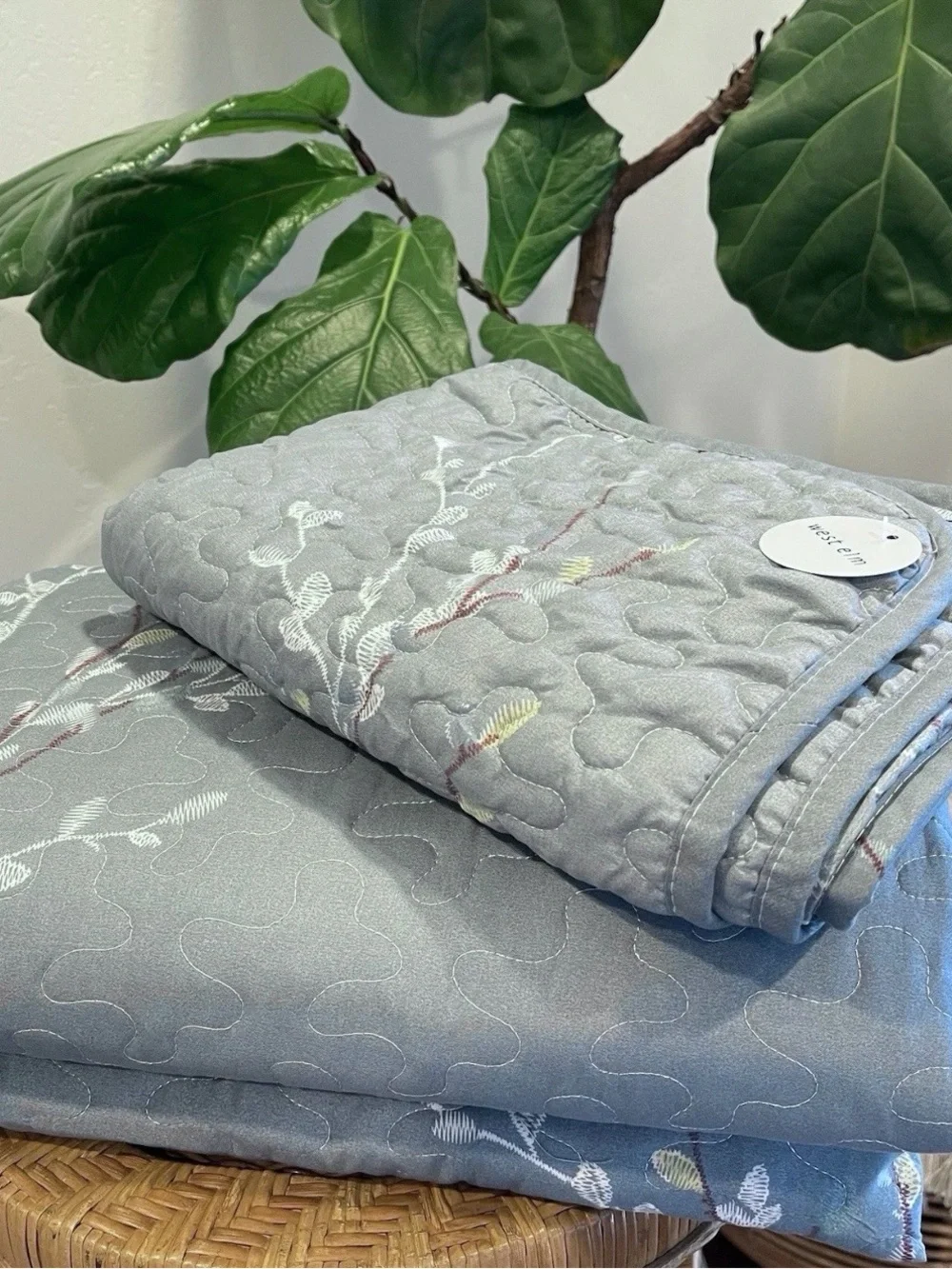 NEW West Elm Blue Queen King Floral Embroidered Bedspread Quilt Pillow Case Set